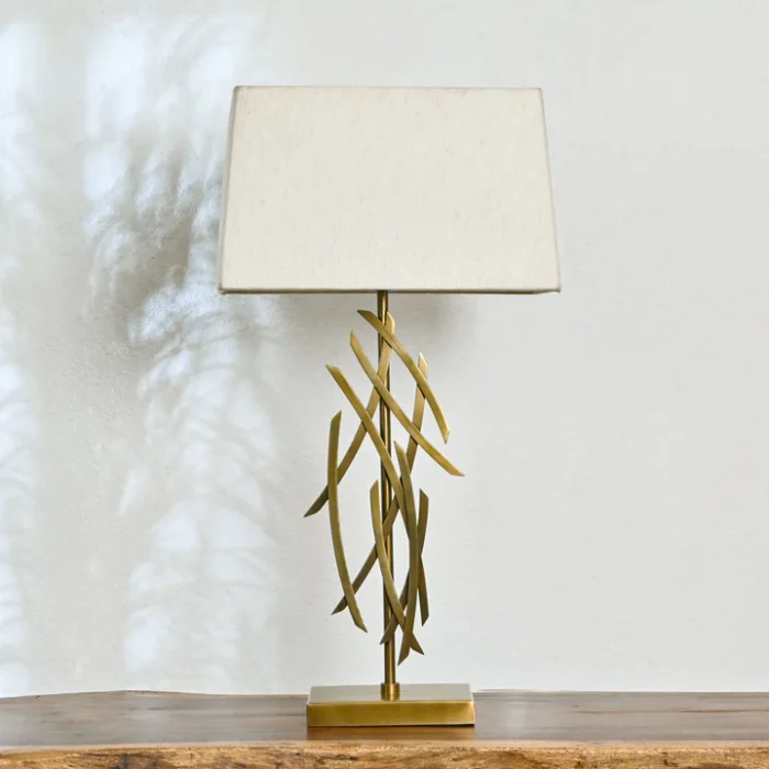 Modern Gold Sculptural Table Lamp – Artistic Metal Base with Rectangular Linen Shade