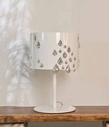 Modern White Crystal Table Lamp – Elegant Drum Shade with Hanging Acrylic Teardrop Crystals