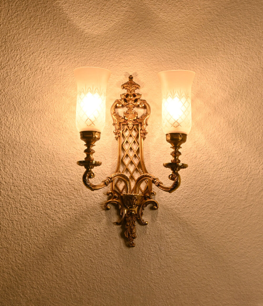 Vintage Brass Wall Sconce with Frosted Glass Shades – Classic Double Light Fixture - Image 2