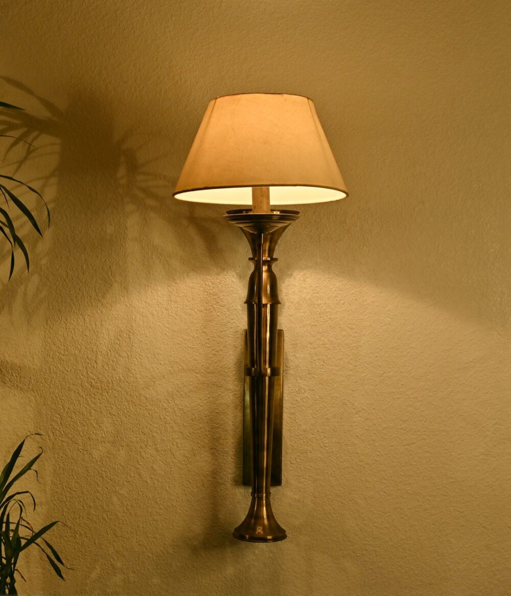 Vintage Brass Wall Sconce Lamp with Fabric Shade – Antique Look Wall Mounted Light - Image 2