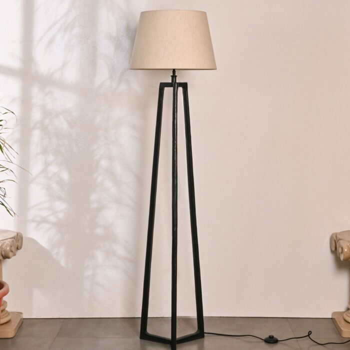 Modern Floor Lamp with Beige Fabric Shade & Black Metal Tripod Base