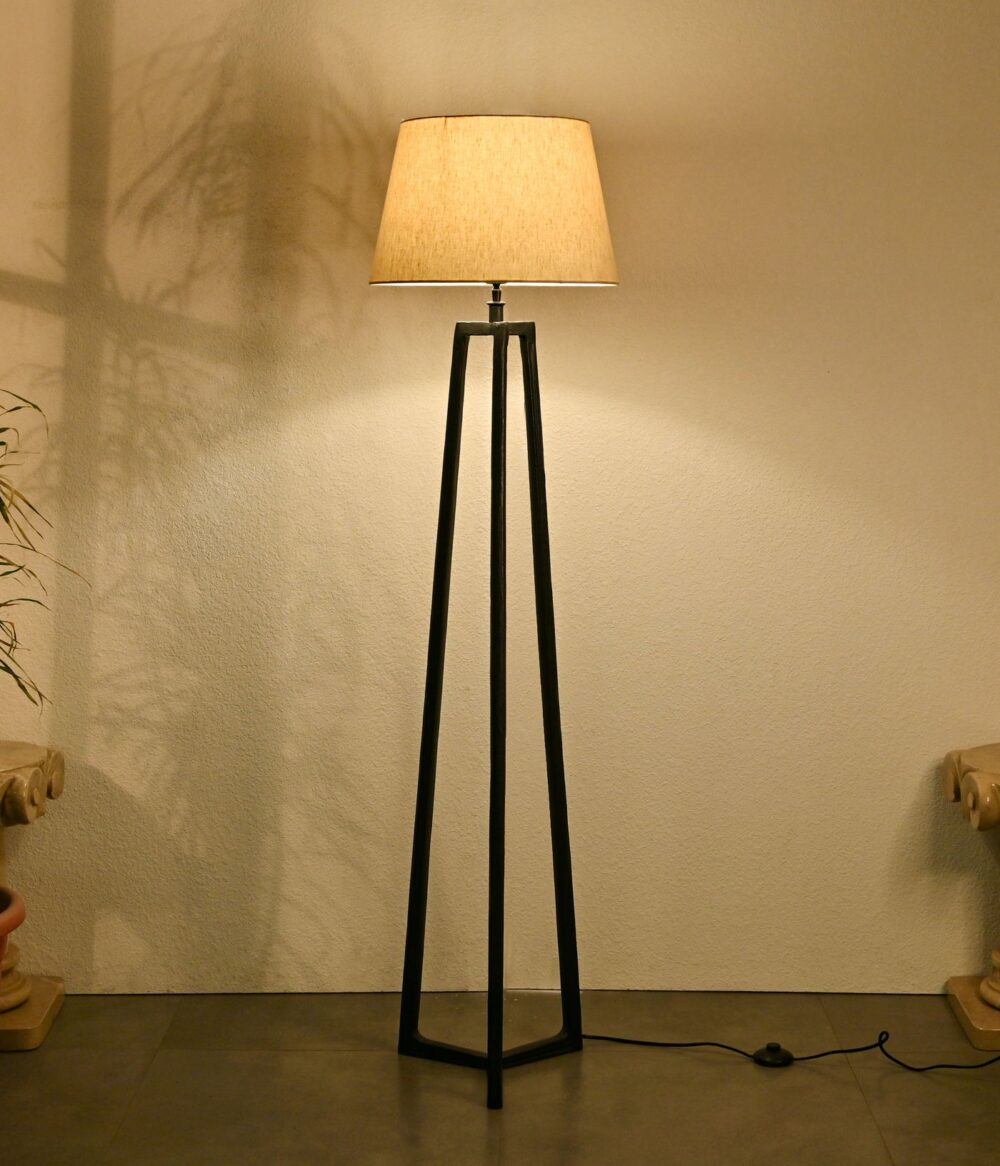 Modern Floor Lamp with Beige Fabric Shade & Black Metal Tripod Base - Image 2