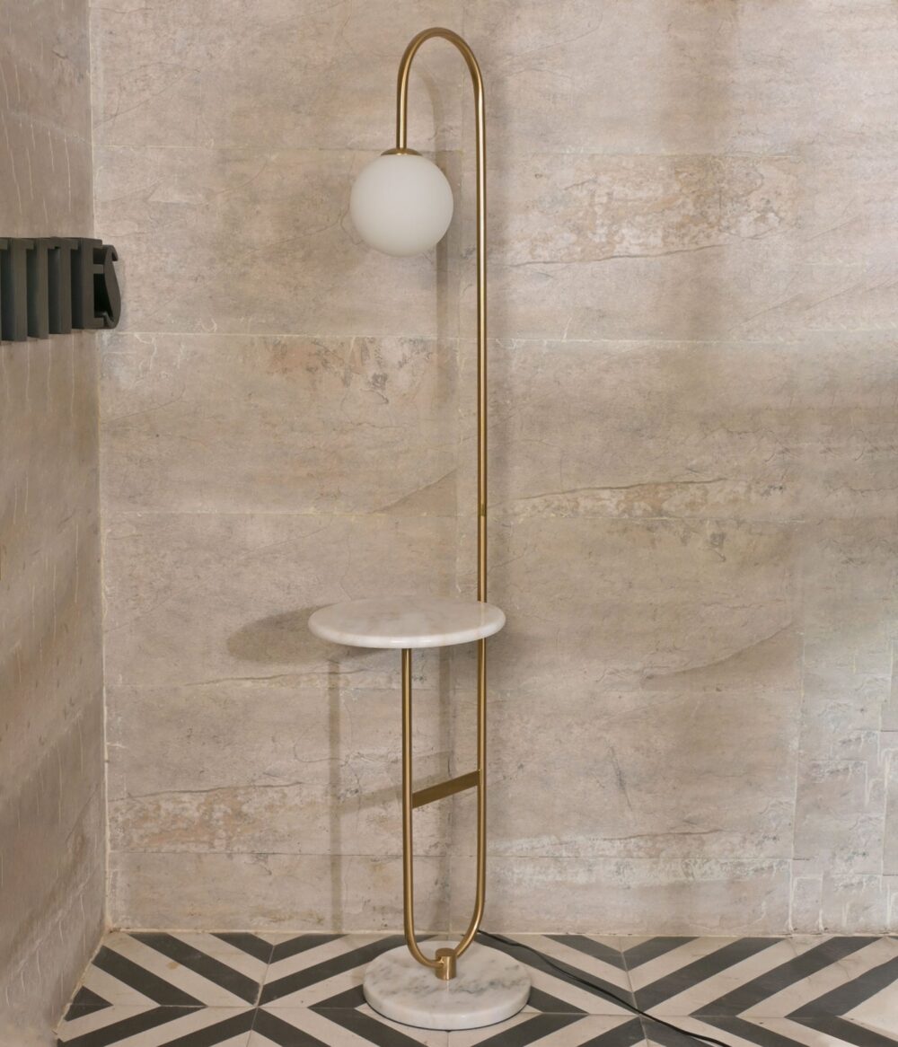 Modern Floor Lamp with Marble Side Table & Globe Shade – Brass Metal Stand