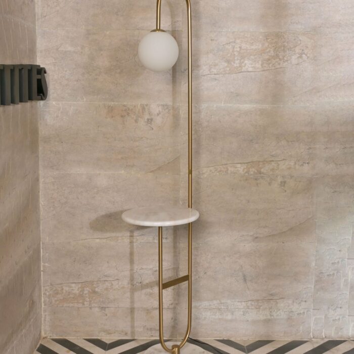 Modern Floor Lamp with Marble Side Table & Globe Shade – Brass Metal Stand