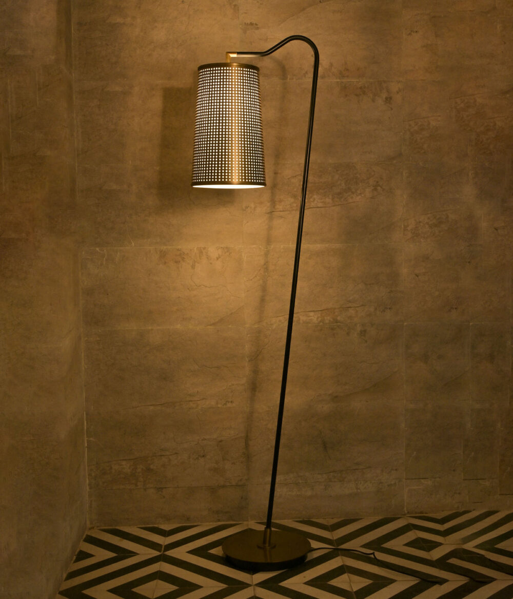 Modern Industrial Floor Lamp with Perforated Brass Shade – Black Metal Standing Lamp with LED Bulb Compatibility for Living Room, Bedroom, or Office - Image 2