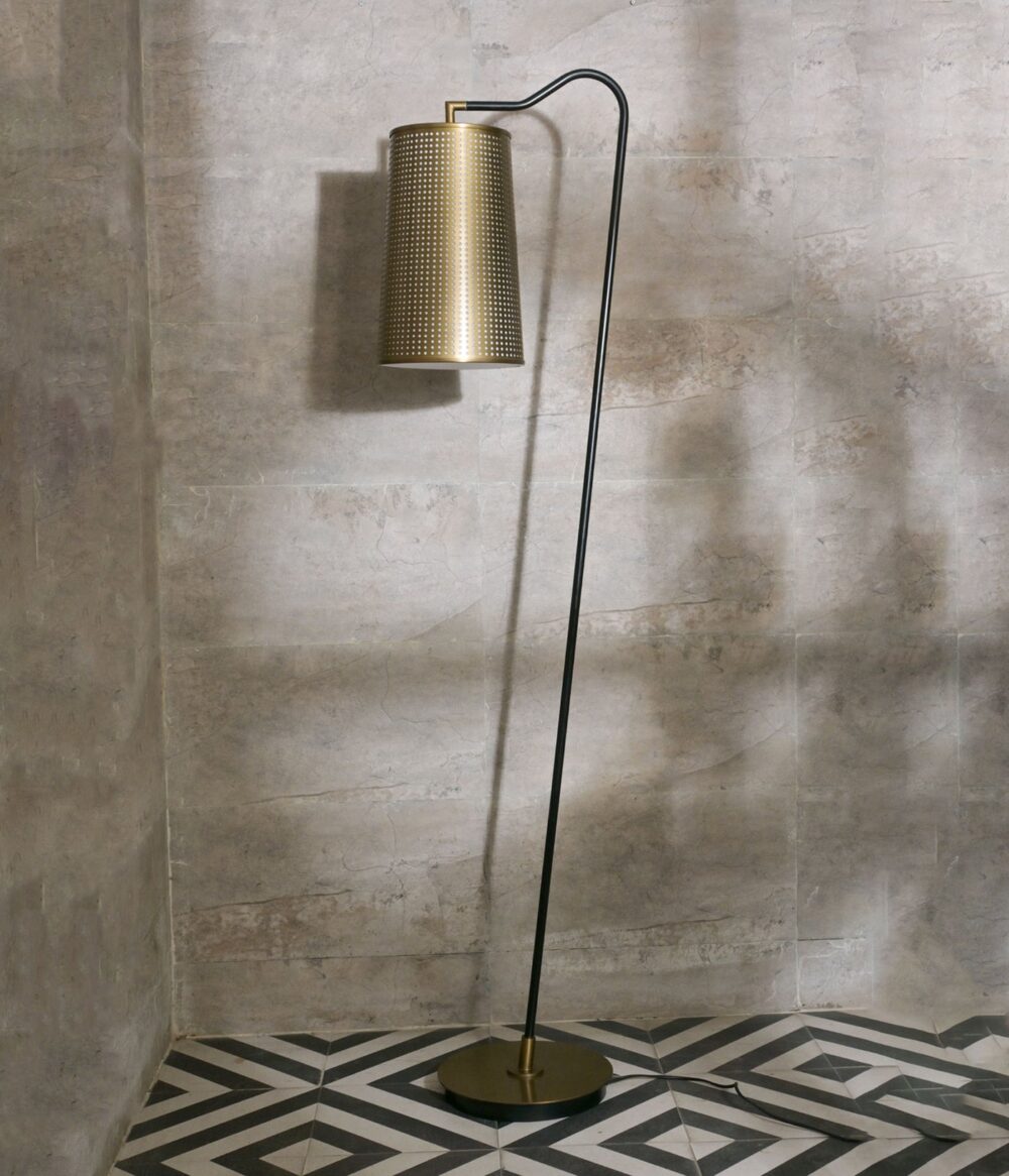 Modern Industrial Floor Lamp with Perforated Brass Shade – Black Metal Standing Lamp with LED Bulb Compatibility for Living Room, Bedroom, or Office