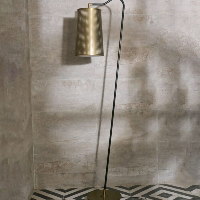Modern Industrial Floor Lamp with Perforated Brass Shade – Black Metal Standing Lamp with LED Bulb Compatibility for Living Room, Bedroom, or Office
