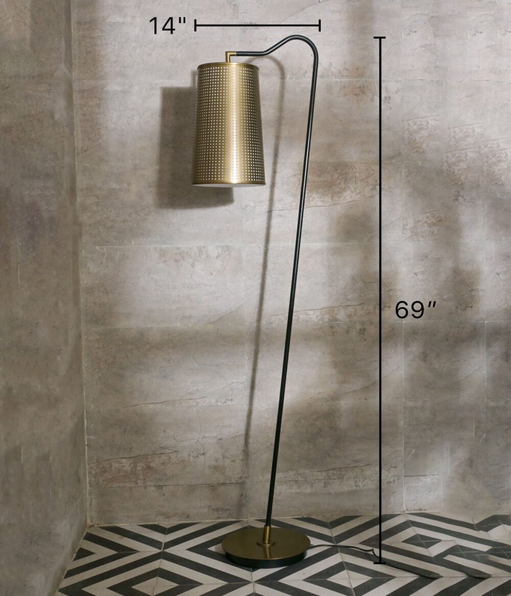 Modern Industrial Floor Lamp with Perforated Brass Shade – Black Metal Standing Lamp with LED Bulb Compatibility for Living Room, Bedroom, or Office - Image 3