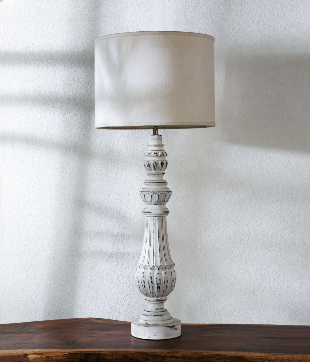 Vintage White Distressed Table Lamp – Rustic French Country Style Lamp with Carved Wood Base & Linen Shade