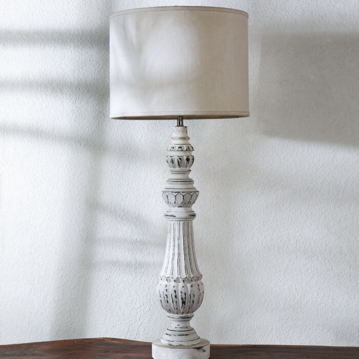 Vintage White Distressed Table Lamp – Rustic French Country Style Lamp with Carved Wood Base & Linen Shade