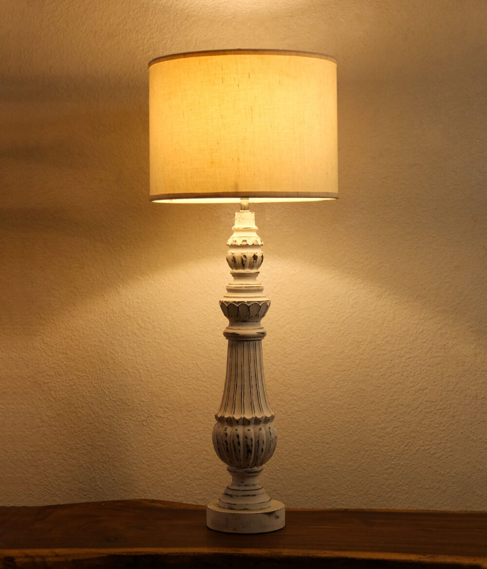 Vintage White Distressed Table Lamp – Rustic French Country Style Lamp with Carved Wood Base & Linen Shade - Image 2