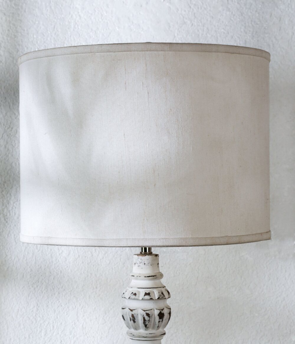 Vintage White Distressed Table Lamp – Rustic French Country Style Lamp with Carved Wood Base & Linen Shade - Image 4