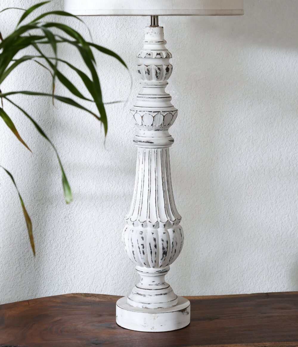 Vintage White Distressed Table Lamp – Rustic French Country Style Lamp with Carved Wood Base & Linen Shade - Image 5