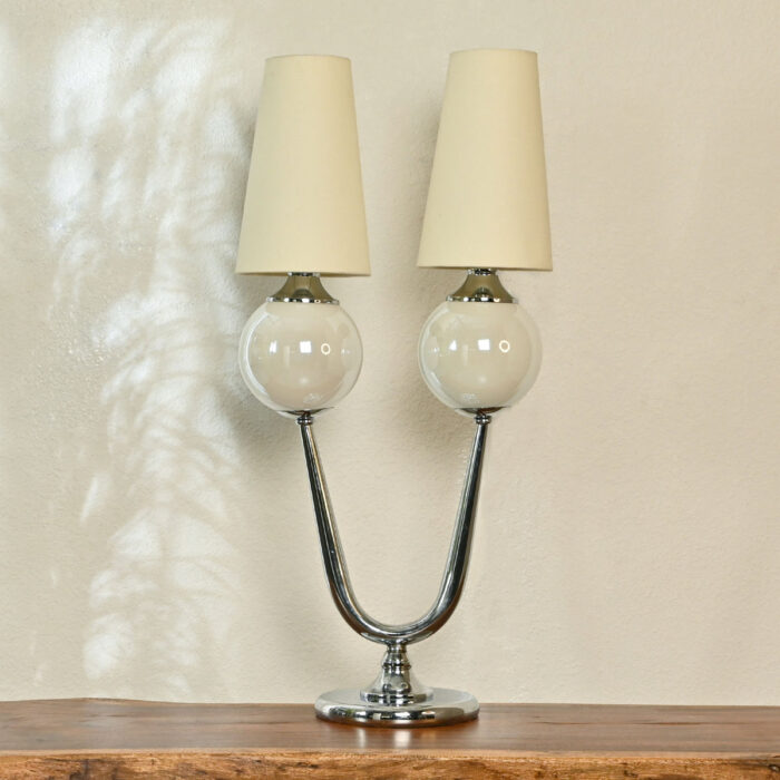 Modern Double Head Table Lamp – Vintage Mid-Century Design with Chrome Base & Dual Fabric Shades – Decorative Lighting for Living Room, Bedroom, or Office