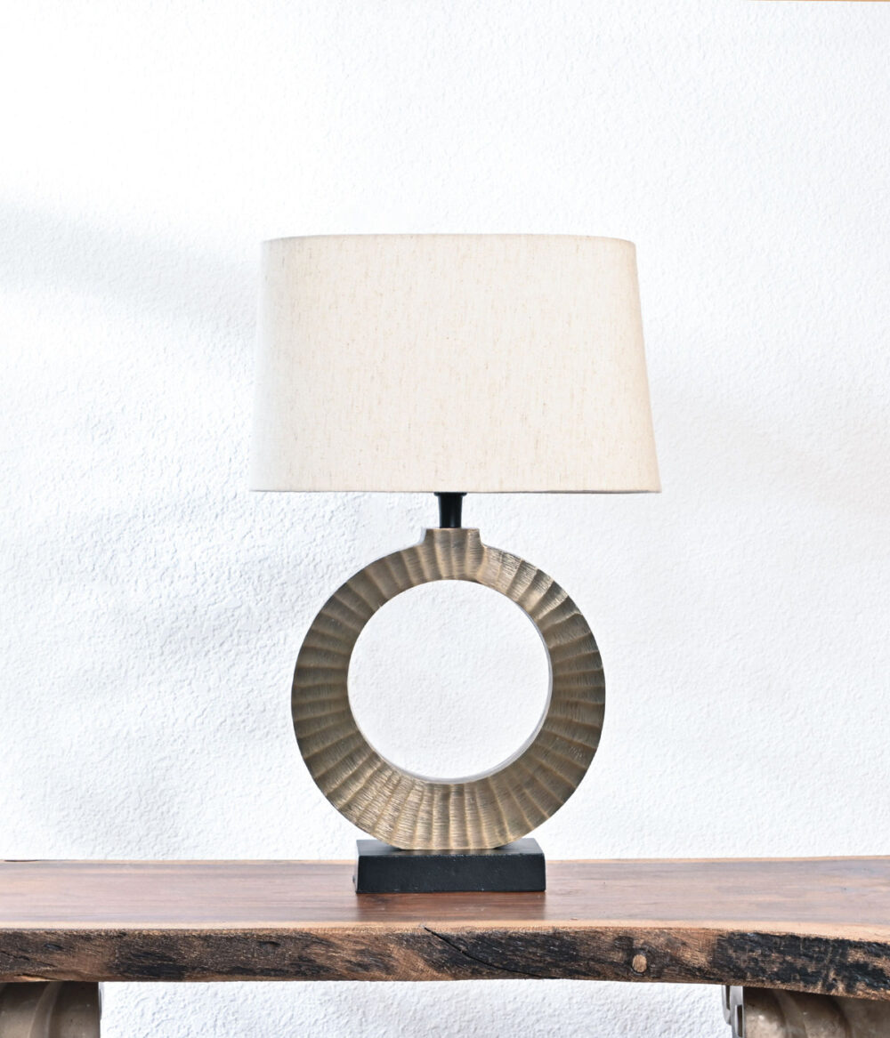 Modern Round Circle Table Lamp – Metal Base with Open Ring Design & Cream Fabric Shade – Decorative Accent Light for Living Room, Bedroom, or Office – Rustic Bronze Finish