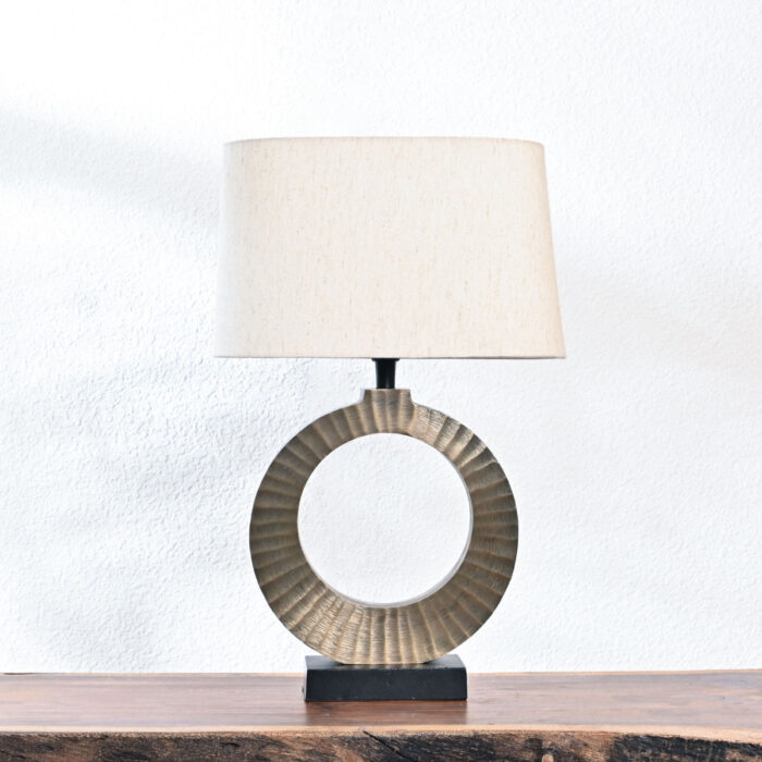 Modern Round Circle Table Lamp – Metal Base with Open Ring Design & Cream Fabric Shade – Decorative Accent Light for Living Room, Bedroom, or Office – Rustic Bronze Finish