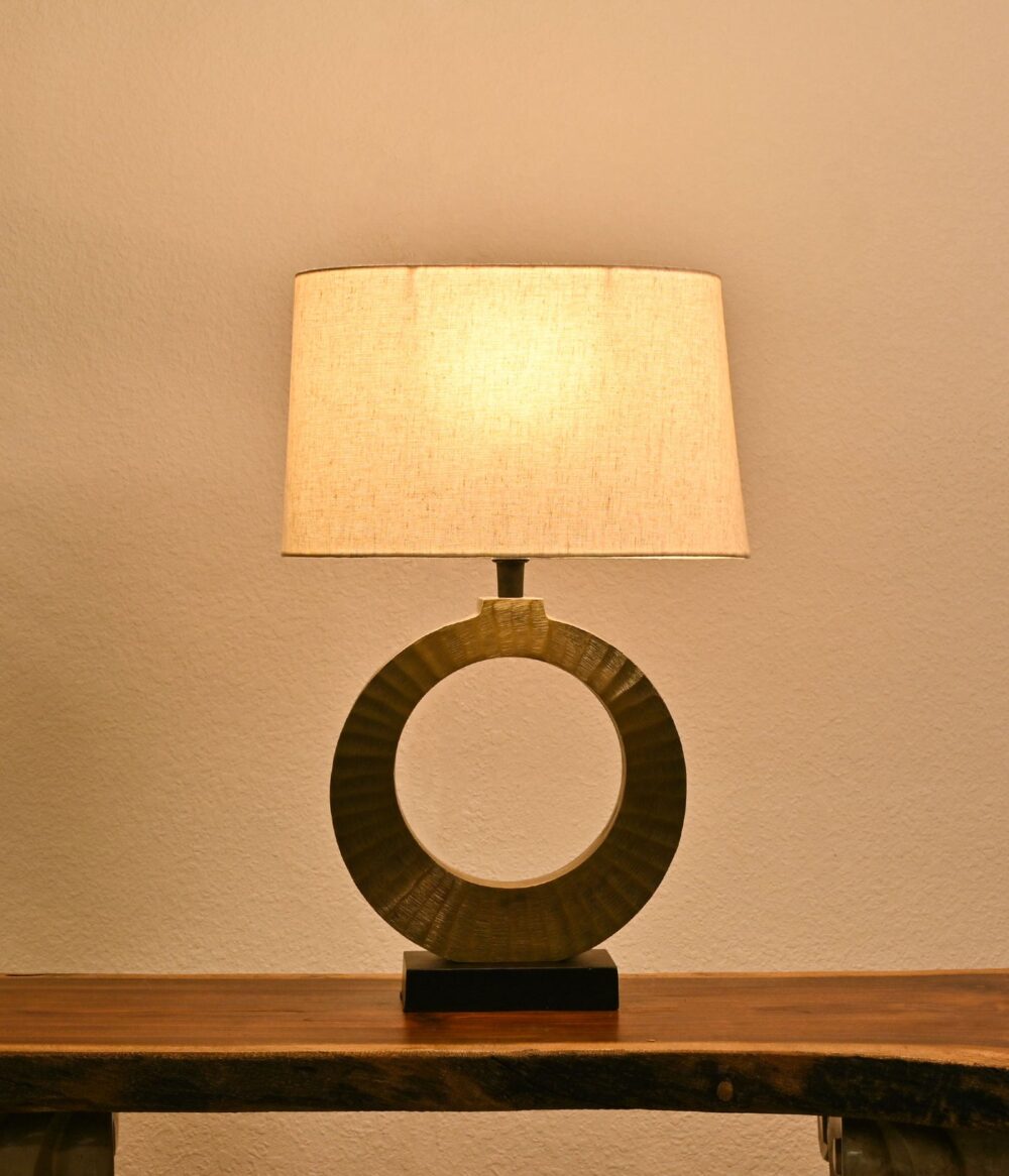 Modern Round Circle Table Lamp – Metal Base with Open Ring Design & Cream Fabric Shade – Decorative Accent Light for Living Room, Bedroom, or Office – Rustic Bronze Finish - Image 2