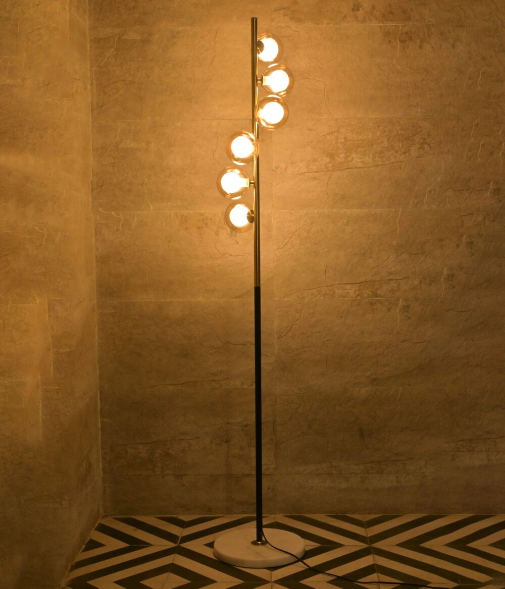 Modern Gold & Black Floor Lamp with Amber Glass Globes – Luxury Standing Light for Living Room, Bedroom, Office - Image 2