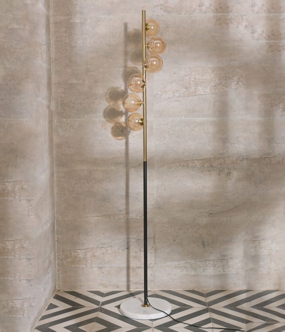Modern Gold & Black Floor Lamp with Amber Glass Globes – Luxury Standing Light for Living Room, Bedroom, Office