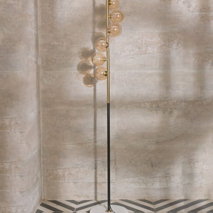 Modern Gold & Black Floor Lamp with Amber Glass Globes – Luxury Standing Light for Living Room, Bedroom, Office