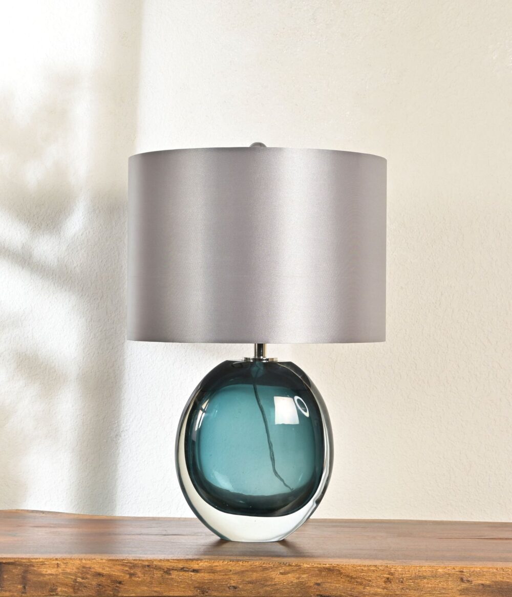 Modern Glass Table Lamp with Grey Drum Shade – Elegant Blue Teardrop Base – Ideal for Living Room, Bedroom, or Office Decor