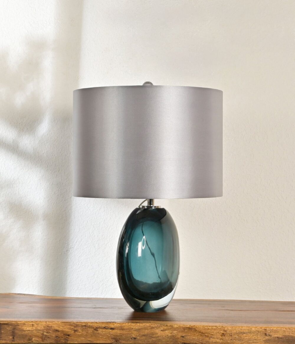 Modern Glass Table Lamp with Grey Drum Shade – Elegant Blue Teardrop Base – Ideal for Living Room, Bedroom, or Office Decor - Image 7