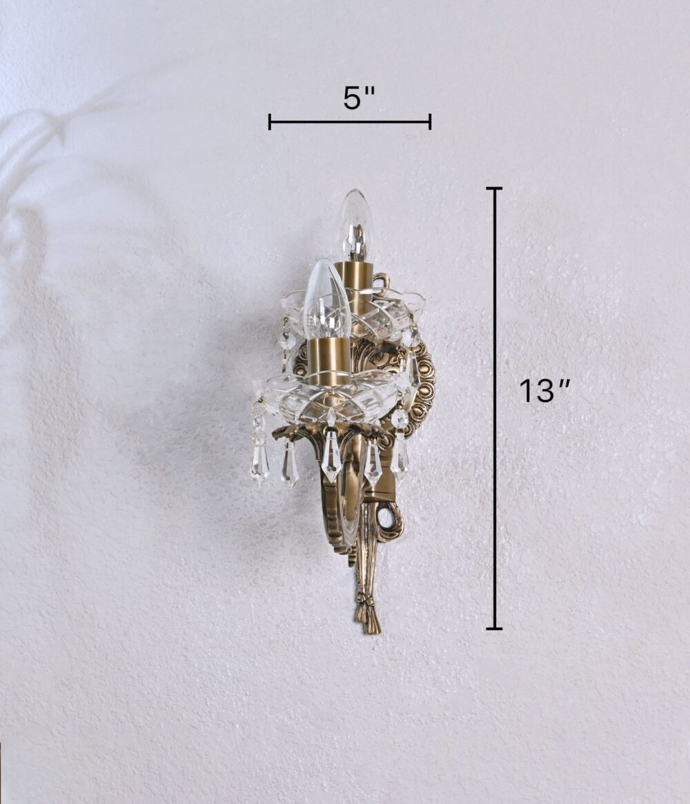 Vintage Crystal Wall Sconce Lamp – Antique Brass Double Light Fixture with Glass Detailing & Elegant Crystal Accents - Image 3