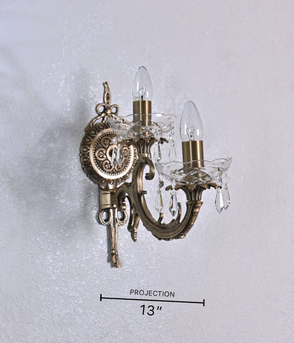 Vintage Crystal Wall Sconce Lamp – Antique Brass Double Light Fixture with Glass Detailing & Elegant Crystal Accents - Image 4