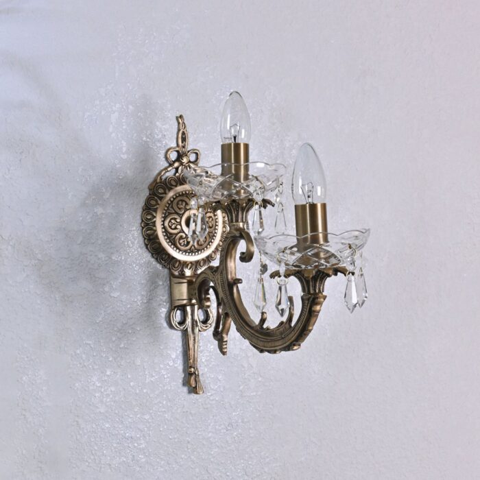 Vintage Crystal Wall Sconce Lamp – Antique Brass Double Light Fixture with Glass Detailing & Elegant Crystal Accents