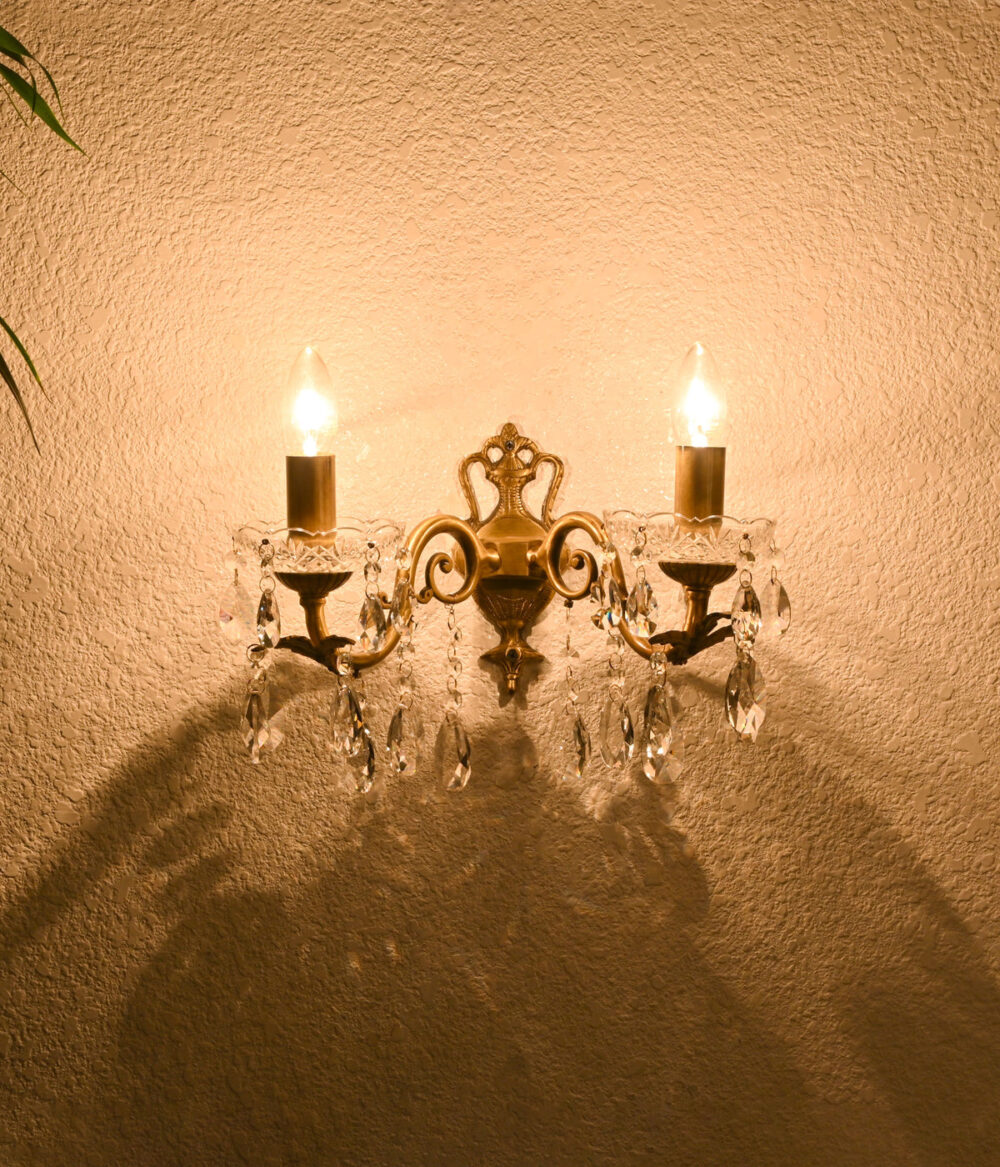 Vintage Wall Sconce Light Fixture with Crystal Accents – Antique Brass Double Arm Wall Lamp - Image 2