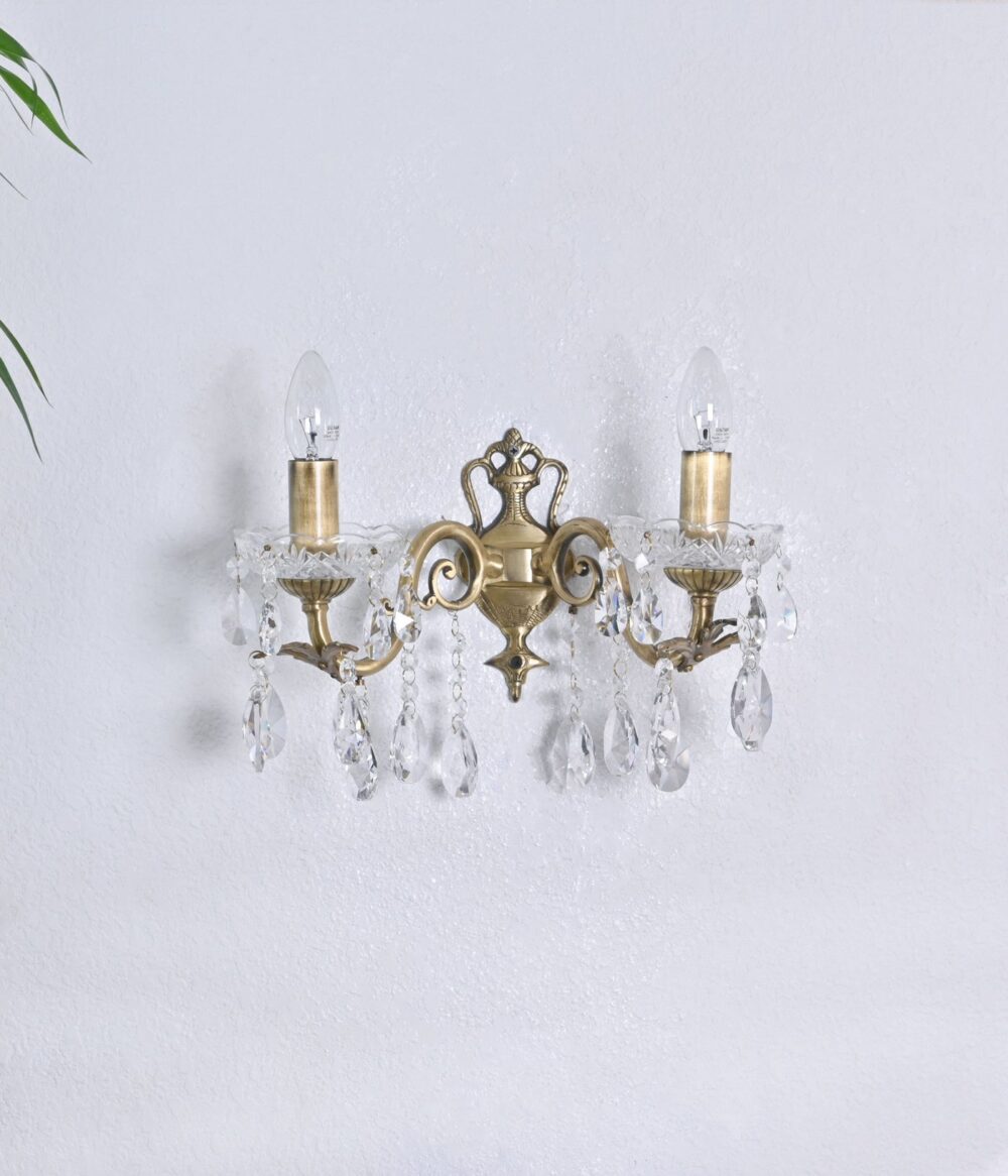 Vintage Wall Sconce Light Fixture with Crystal Accents – Antique Brass Double Arm Wall Lamp