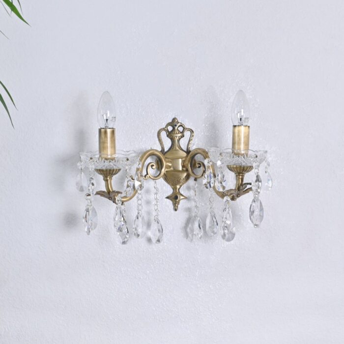Vintage Wall Sconce Light Fixture with Crystal Accents – Antique Brass Double Arm Wall Lamp