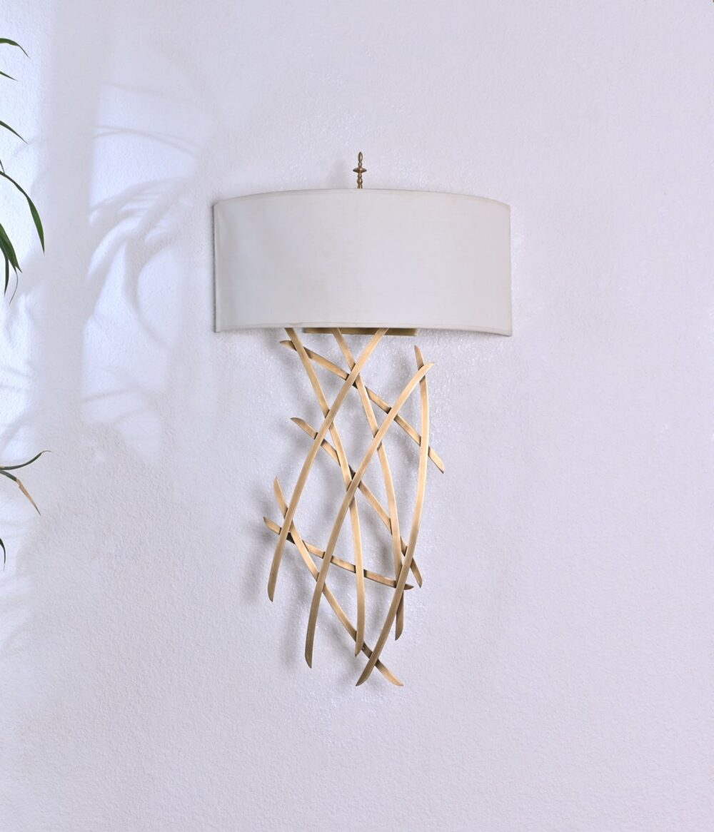 Modern Wall Sconce Light Fixture – Contemporary Decorative Wall Lamp with White Fabric Shade & Gold Curved Metal Base