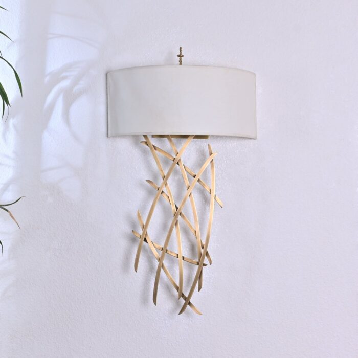 Modern Wall Sconce Light Fixture – Contemporary Decorative Wall Lamp with White Fabric Shade & Gold Curved Metal Base