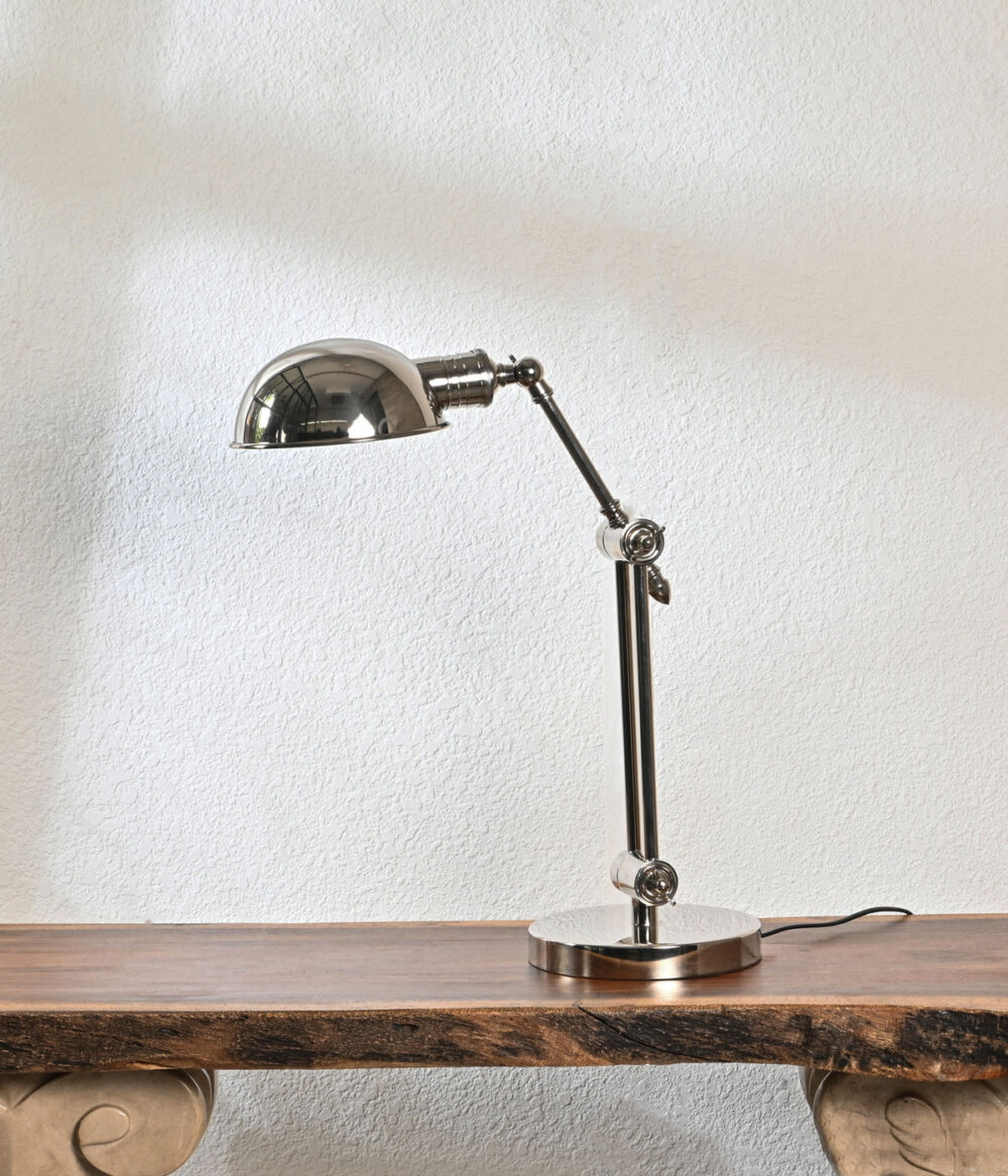 Industrial Adjustable Desk Lamp – Vintage Chrome Table Lamp with Articulated Arm & Dome Shade – Retro Metal Task Light for Office, Study
