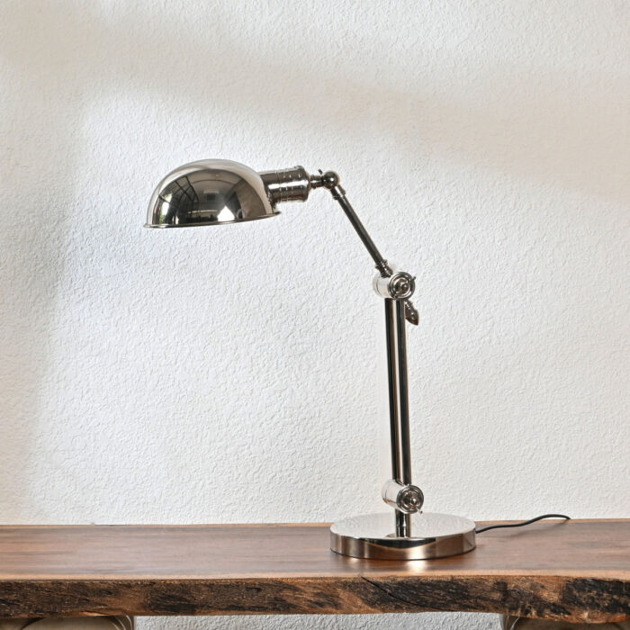 Industrial Adjustable Desk Lamp – Vintage Chrome Table Lamp with Articulated Arm & Dome Shade – Retro Metal Task Light for Office, Study