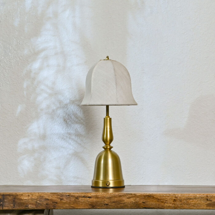 Vintage Brass Table Lamp – Cordless Rechargeable LED Desk Lamp with Soft Fabric Bell Shade