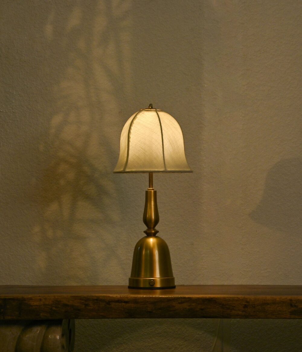 Vintage Brass Table Lamp – Cordless Rechargeable LED Desk Lamp with Soft Fabric Bell Shade - Image 2