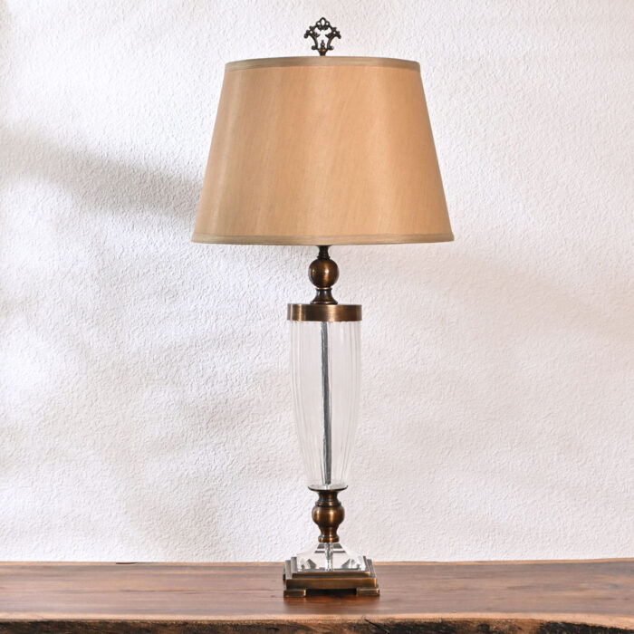 Vintage Crystal Table Lamp with Bronze Finish – Classic Glass Body & Tan Fabric Shade – Elegant Decorative Bedside Light for Living Room, Bedroom, or Office