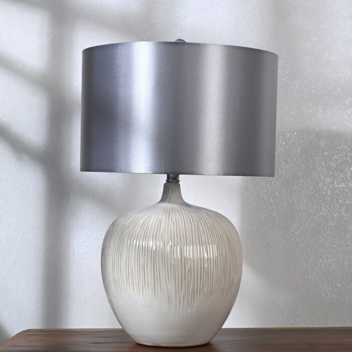 Modern Ceramic Table Lamp with Grey Drum Shade – Elegant Bedside Lamp for Living Room, Bedroom, Office – Textured White Base