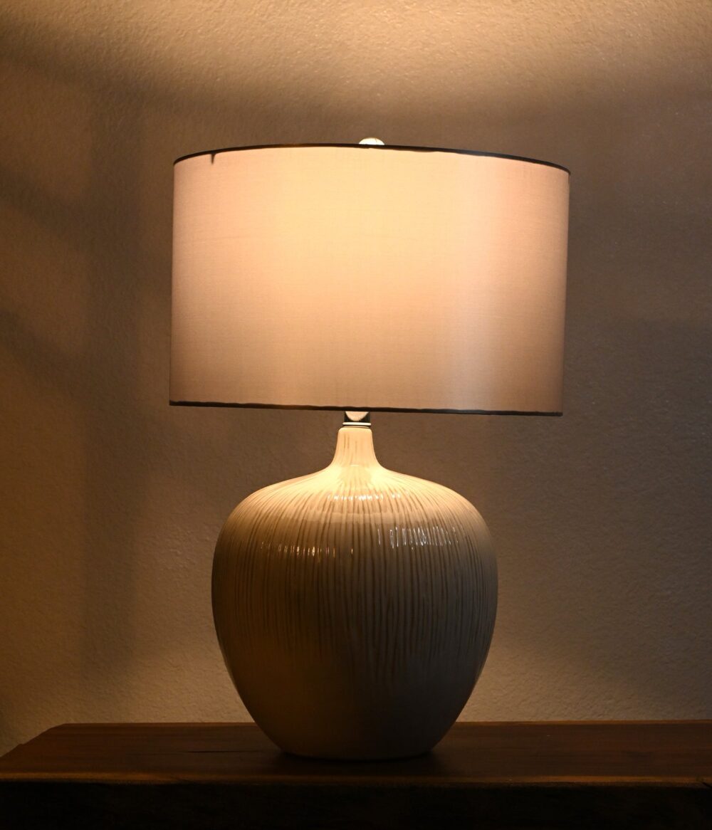 Modern Ceramic Table Lamp with Grey Drum Shade – Elegant Bedside Lamp for Living Room, Bedroom, Office – Textured White Base - Image 2