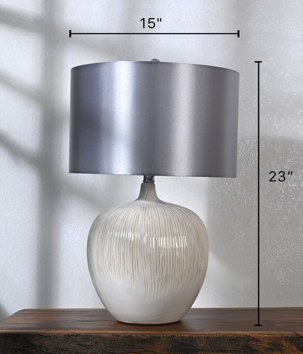 Modern Ceramic Table Lamp with Grey Drum Shade – Elegant Bedside Lamp for Living Room, Bedroom, Office – Textured White Base - Image 3