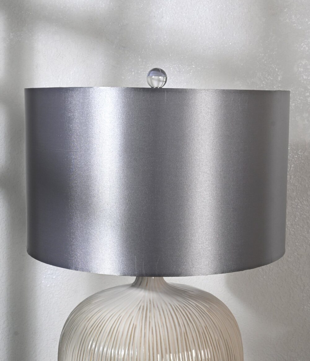 Modern Ceramic Table Lamp with Grey Drum Shade – Elegant Bedside Lamp for Living Room, Bedroom, Office – Textured White Base - Image 5