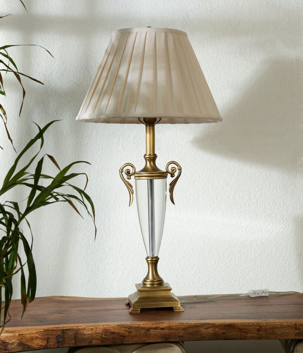 Elegant Vintage Crystal Table Lamp with Pleated Fabric Shade – Antique Brass Finish, Decorative Bedside & Living Room Lamp