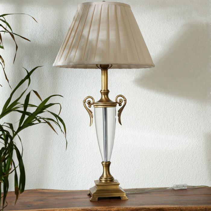 Elegant Vintage Crystal Table Lamp with Pleated Fabric Shade – Antique Brass Finish, Decorative Bedside & Living Room Lamp