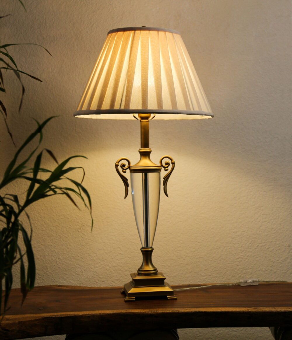 Elegant Vintage Crystal Table Lamp with Pleated Fabric Shade – Antique Brass Finish, Decorative Bedside & Living Room Lamp - Image 2