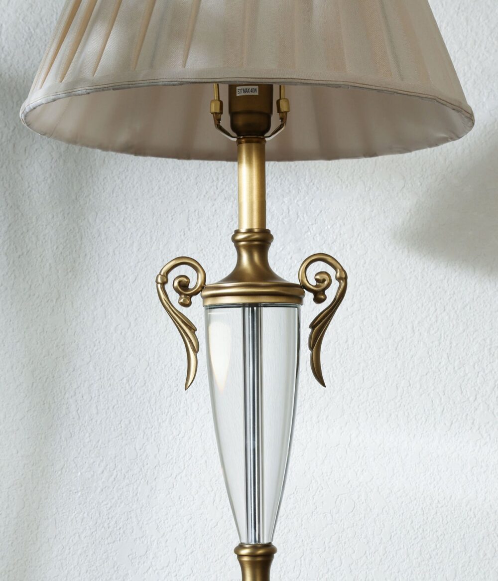 Elegant Vintage Crystal Table Lamp with Pleated Fabric Shade – Antique Brass Finish, Decorative Bedside & Living Room Lamp - Image 4