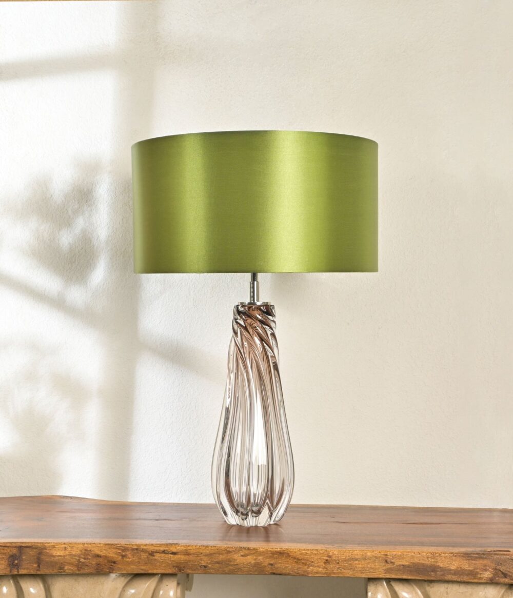 Elegant Modern Glass Table Lamp with Green Silk Shade – Handcrafted Twisted Glass Base – Stylish Decorative Lighting for Living Room, Bedroom, or Office