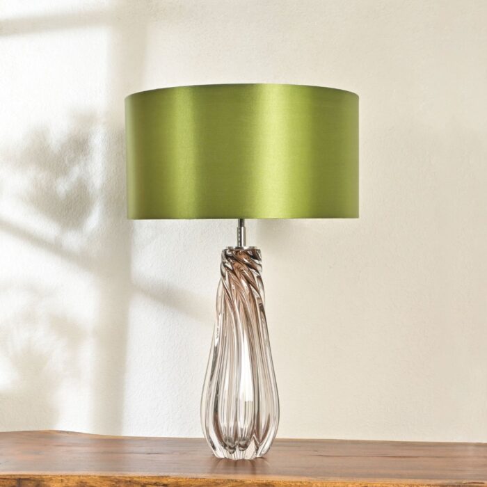 Elegant Modern Glass Table Lamp with Green Silk Shade – Handcrafted Twisted Glass Base – Stylish Decorative Lighting for Living Room, Bedroom, or Office