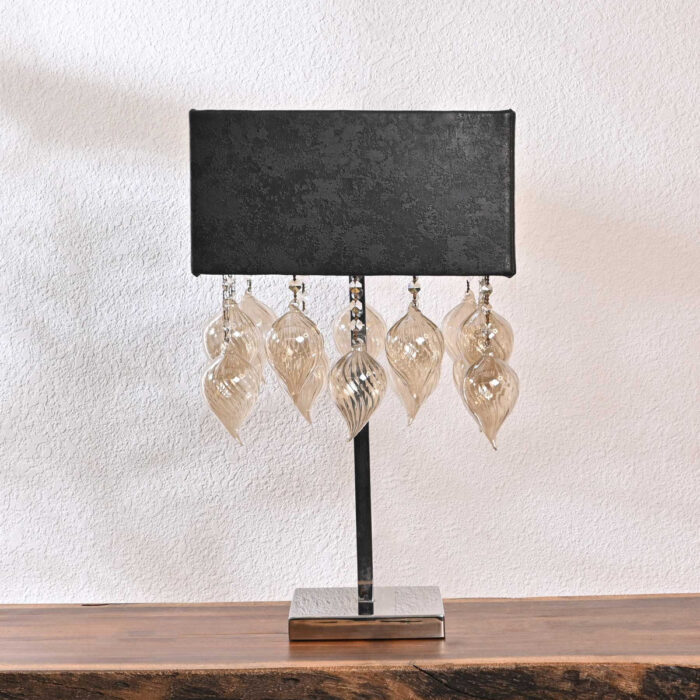 Modern Crystal Table Lamp with Rectangular Black Shade | Elegant Glass Drop Design | Contemporary Accent Lighting for Bedroom, Living Room, or Office